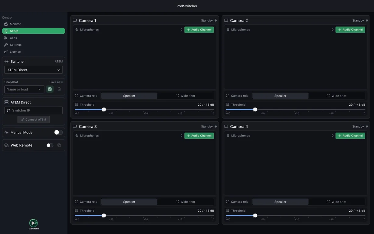 PodSwitcher camera and audio configuration screen