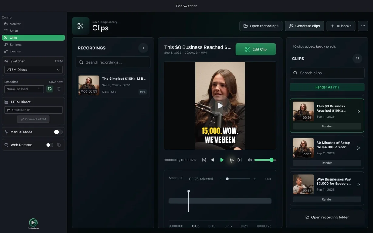 AI-generated clips alongside a captioned vertical podcast preview
