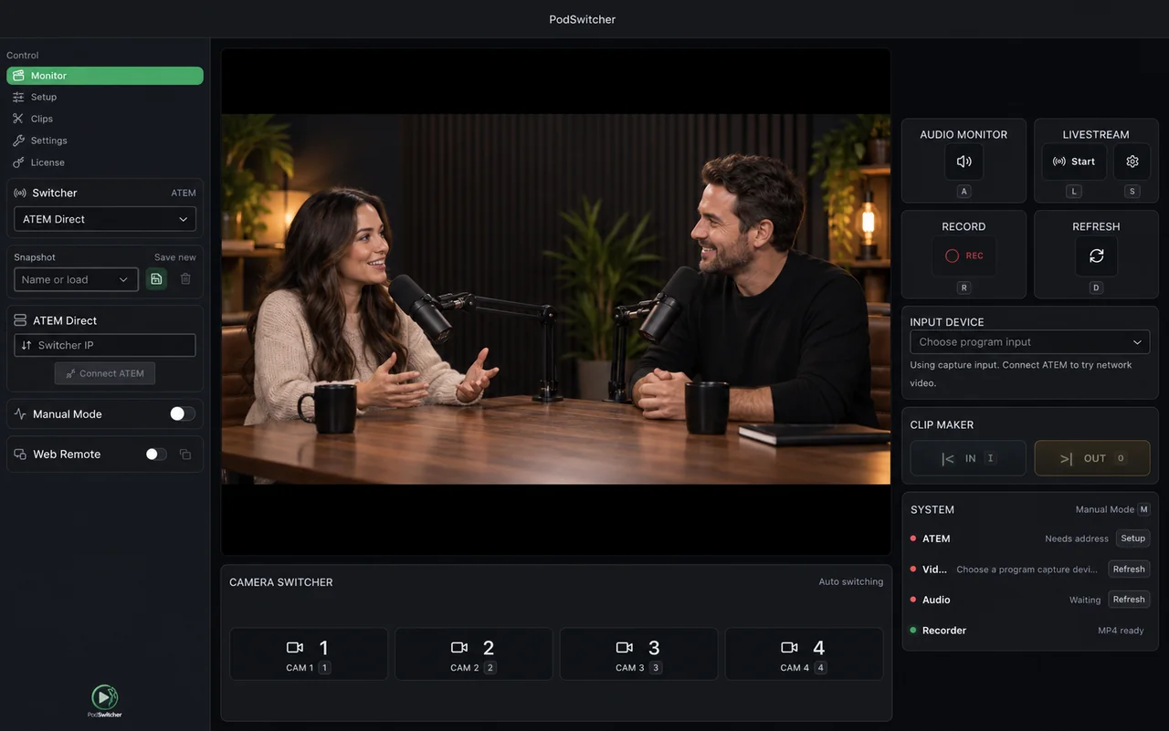 PodSwitcher Monitor showing a two-host podcast with live camera, audio, and recording controls