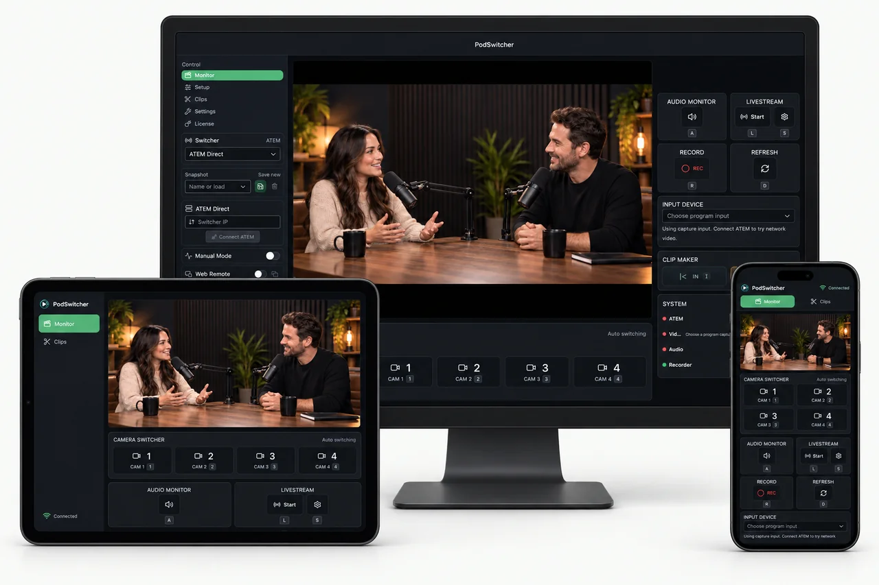 PodSwitcher on a desktop with Web Remote on a tablet and phone, all showing the same two-host podcast